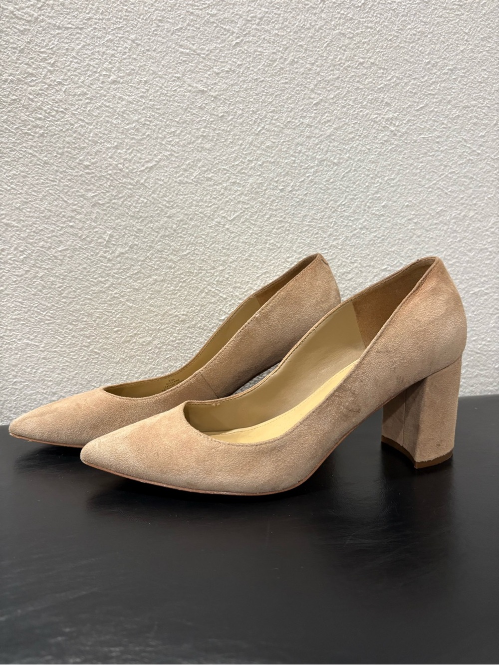 Marc Fisher Beige Suede Pointed Block Heel Pumps